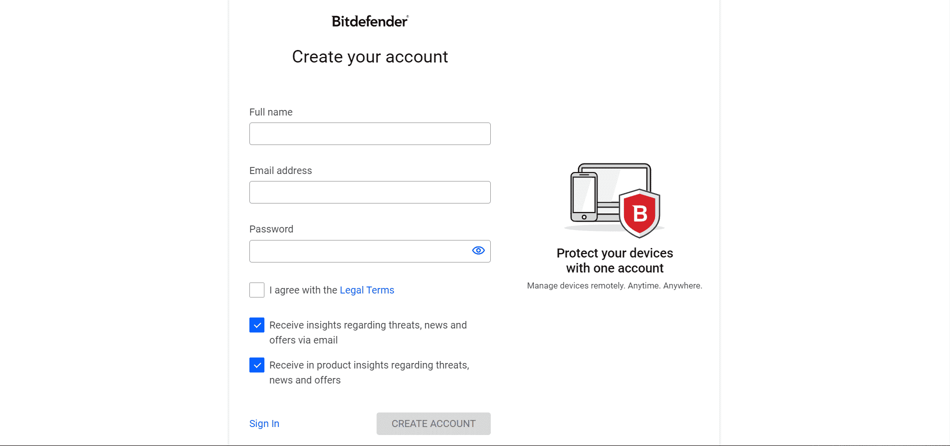 عملية التسجيل في Bitdefender Central سهلة وواضحة لجميع المستخدمين.