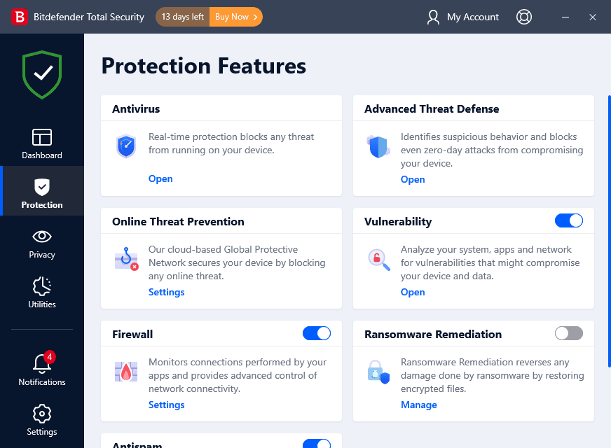 يتمتع حل أمان Bitdefender بواحد من أفضل إمكانيات وميزات الأمان من بين جميع منتجات الأمان الأخرى

