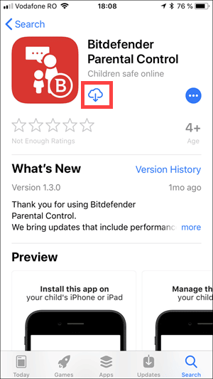 يتوفر Bitdefender Parental Control للتنزيل على أجهزة iPhone من خلال متجر التطبيقات