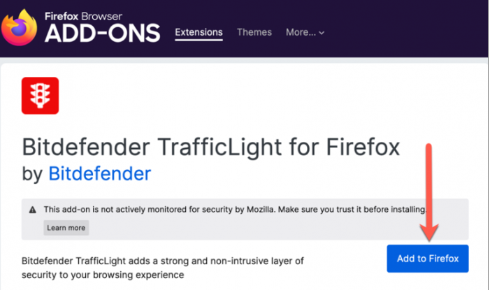 إضافة امتداد Bitdefender Traffic light عبر الوظائف الإضافية لمتصفح Firefox