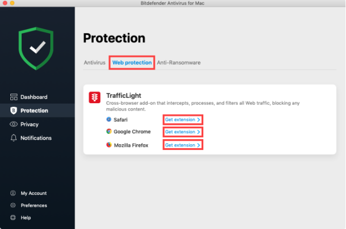 إضافة Bitdefender Trafficlight في macOS High Sierra 10.13 باستخدام الجزء 2 من تطبيق Bitdefender Antivirus